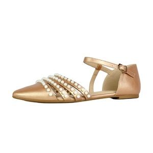 Rose Gold Ballet T-Strap Flats w/Faux Pearls 9M